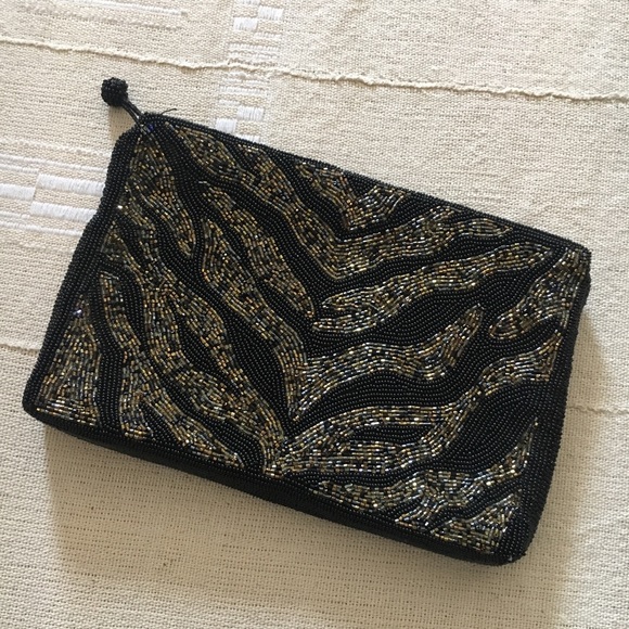 Beaded zippered pouch clutch black gold zebra - Picture 2 of 5